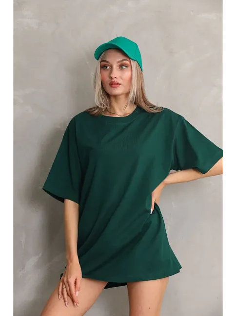 Kadın Düz  Kısa Kol Penye T-shirt- Yeşil