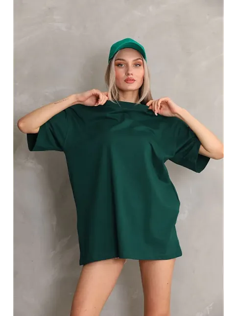 Kadın Düz  Kısa Kol Penye T-shirt- Yeşil