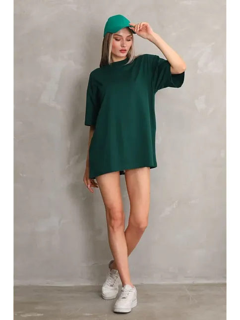 Kadın Düz  Kısa Kol Penye T-shirt- Yeşil