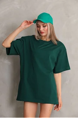 Kadın Düz  Kısa Kol Penye T-shirt- Yeşil