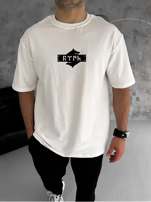 Erkek Kısa Kol Yazlık Tişört Bisiklet Yaka Baskılı Oversize T-shirt - Beyaz