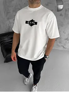 Erkek Kısa Kol Yazlık Tişört Bisiklet Yaka Baskılı Oversize T-shirt - Beyaz