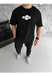 Erkek Kısa Kol Yazlık Tişört Bisiklet Yaka Baskılı Oversize T-shirt - Siyah