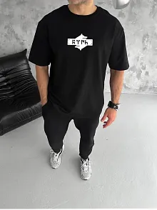 Erkek Kısa Kol Yazlık Tişört Bisiklet Yaka Baskılı Oversize T-shirt - Siyah