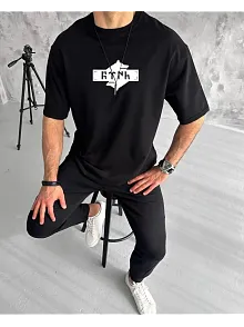 Erkek Kısa Kol Yazlık Tişört Bisiklet Yaka Baskılı Oversize T-shirt - Siyah