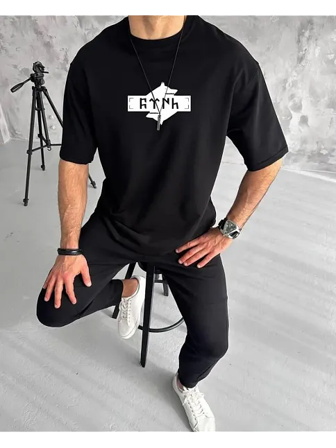 Erkek Kısa Kol Yazlık Tişört Bisiklet Yaka Baskılı Oversize T-shirt - Siyah