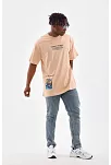 Erkek  Bisiklet Yaka Baskılı Oversize T-shirt - Bej