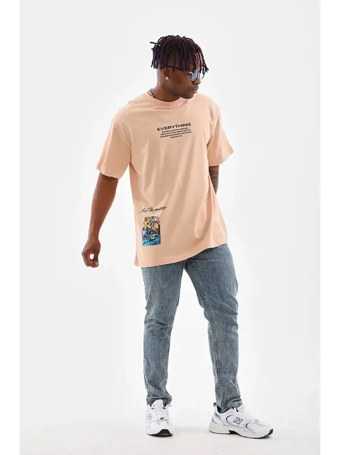 Erkek  Bisiklet Yaka Baskılı Oversize T-shirt - Bej
