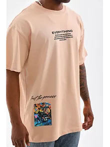 Erkek  Bisiklet Yaka Baskılı Oversize T-shirt - Bej