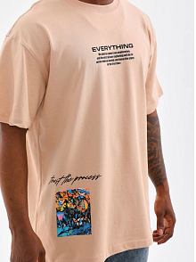 Erkek  Bisiklet Yaka Baskılı Oversize T-shirt - Bej