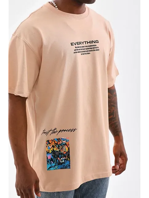 Erkek  Bisiklet Yaka Baskılı Oversize T-shirt - Bej