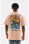 Erkek  Bisiklet Yaka Baskılı Oversize T-shirt - Bej