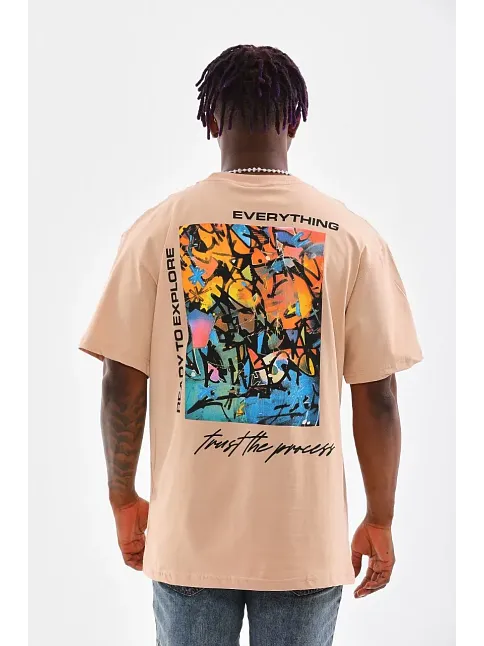 Erkek  Bisiklet Yaka Baskılı Oversize T-shirt - Bej