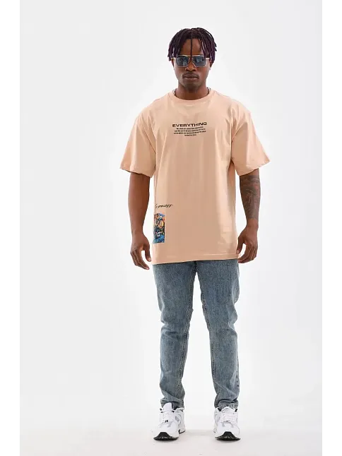 Erkek  Bisiklet Yaka Baskılı Oversize T-shirt - Bej