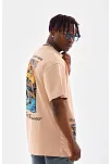 Erkek  Bisiklet Yaka Baskılı Oversize T-shirt - Bej