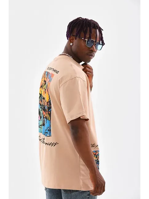 Erkek  Bisiklet Yaka Baskılı Oversize T-shirt - Bej