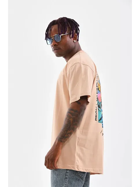 Erkek  Bisiklet Yaka Baskılı Oversize T-shirt - Bej