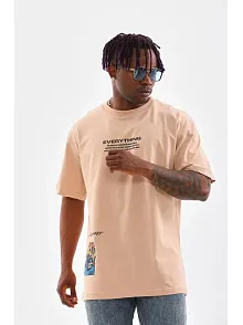 Erkek  Bisiklet Yaka Baskılı Oversize T-shirt - Bej