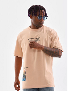 Erkek  Bisiklet Yaka Baskılı Oversize T-shirt - Bej