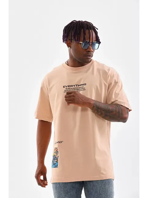 Erkek  Bisiklet Yaka Baskılı Oversize T-shirt - Bej