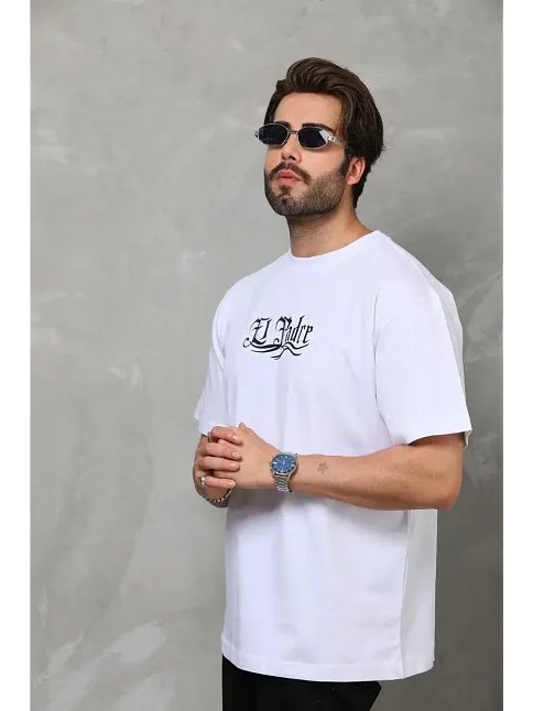 Erkek Kısa Kol Yazlık Tişört Bisiklet Yaka Baskılı Oversize T-shirt - Beyaz