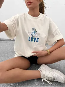 Kadın Bisiklet Yaka Baskılı Oversize  Kısa Kol T-shirt - Beyaz