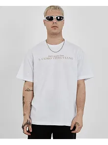 Erkek Bisiklet Yaka Tişort Baskılı Oversize Kısa Kol T-shirt - Beyaz