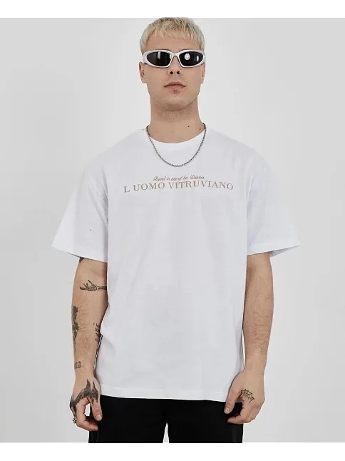 Erkek Bisiklet Yaka Tişort Baskılı Oversize Kısa Kol T-shirt - Beyaz
