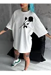 Kadın Bisiklet Yaka Baskılı Oversize  Kısa Kol T-shirt - Beyaz