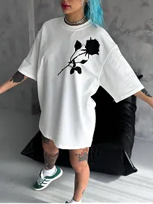 Kadın Bisiklet Yaka Baskılı Oversize  Kısa Kol T-shirt - Beyaz