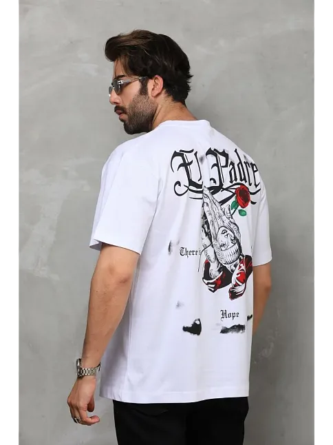 Erkek Kısa Kol Yazlık Tişört Bisiklet Yaka Baskılı Oversize T-shirt - Beyaz
