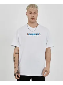 Erkek Kısa Kol Yazlık Tişört Bisiklet Yaka Baskılı Oversize T-shirt - Beyaz