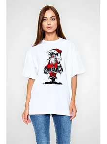Kadın Bisiklet Yaka Baskılı  Kısa Kol Oversize T-shirt - Beyaz