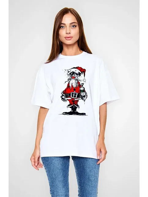 Kadın Bisiklet Yaka Baskılı  Kısa Kol Oversize T-shirt - Beyaz