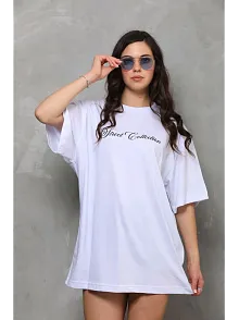 Kadın Baskılı T-shirt Kısa Kol Bisiklet Yaka Oversize Rahat Kalıp Günlük Tişört - Beyaz