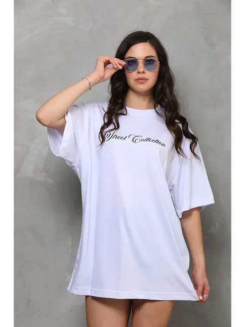 Kadın Baskılı T-shirt Kısa Kol Bisiklet Yaka Oversize Rahat Kalıp Günlük Tişört - Beyaz