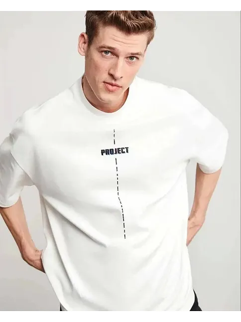 Erkek Kısa Kol Yazlık Tişört Bisiklet Yaka Baskılı Oversize T-shirt - Beyaz