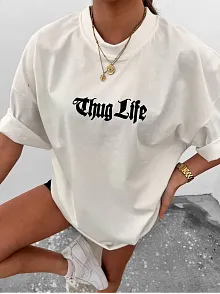 Kadın Bisiklet Yaka Baskılı Oversize  Kısa Kol T-shirt - Beyaz