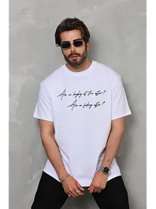 Erkek Kısa Kol Yazlık Tişört Bisiklet Yaka Baskılı Oversize T-shirt - Beyaz