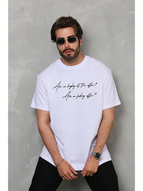 Erkek Kısa Kol Yazlık Tişört Bisiklet Yaka Baskılı Oversize T-shirt - Beyaz