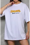 Kadın Bisiklet Yaka Baskılı Oversize T-shirt - Beyaz