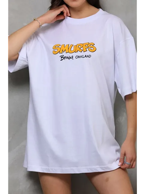 Kadın Bisiklet Yaka Baskılı Oversize T-shirt - Beyaz