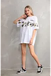 Kadın Bisiklet Yaka Baskılı Oversize T-shirt - Beyaz
