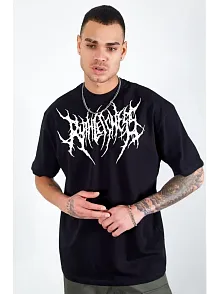 Erkek Kısa Kol Yazlık Tişört Bisiklet Yaka Baskılı Oversize T-shirt - Siyah