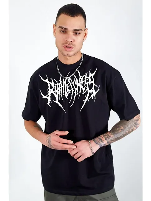 Erkek Kısa Kol Yazlık Tişört Bisiklet Yaka Baskılı Oversize T-shirt - Siyah
