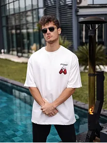 Erkek Kısa Kol Tişört Bisiklet Yaka Boxy Eldiven Baskılı T-shirt - Beyaz