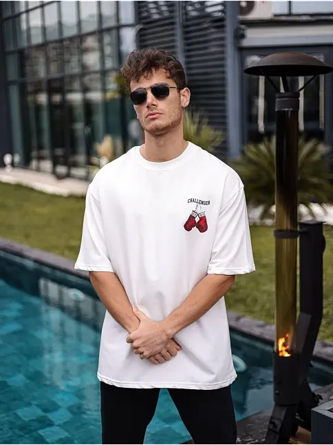 Erkek Kısa Kol Tişört Bisiklet Yaka Boxy Eldiven Baskılı T-shirt - Beyaz