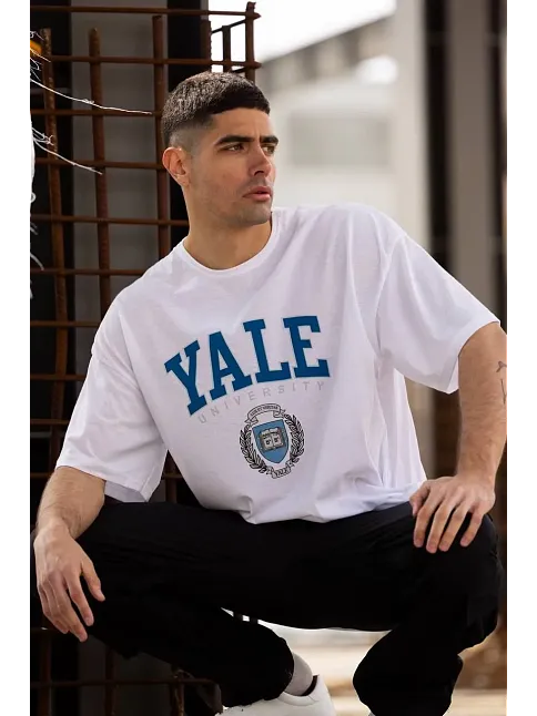 Erkek Kısa Kol Yazlık Tişört Bisiklet Yaka Yale Baskılı  T-shirt - Beyaz