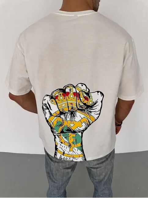 Erkek Kısa Kol Yazlık Tişört Bisiklet Yaka Baskılı Oversize T-shirt - Beyaz