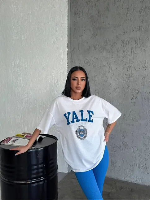 Kadın Kısa Kol Yazlık Tişört Bisiklet Yaka Yale Baskılı T-shirt - Beyaz